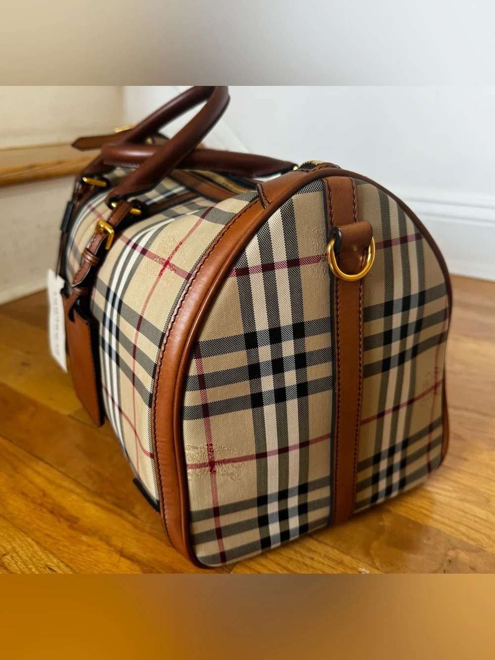 Burberry Beige Vintage Check Large Duffel with Brown Leather Trim